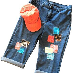 Upcycled Patchwork Capri Jeans: Summer Lake Theme Denim Cropped Pants Size 10-12